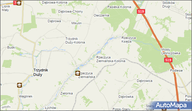 mapa Rzeczyca Ziemiańska-Kolonia, Rzeczyca Ziemiańska-Kolonia na mapie Targeo
