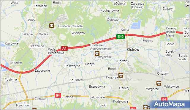 mapa Skrzyszów gmina Ostrów, Skrzyszów gmina Ostrów na mapie Targeo