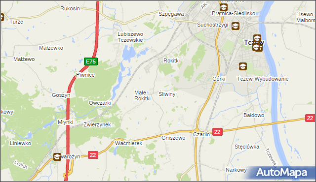 mapa Śliwiny gmina Tczew, Śliwiny gmina Tczew na mapie Targeo
