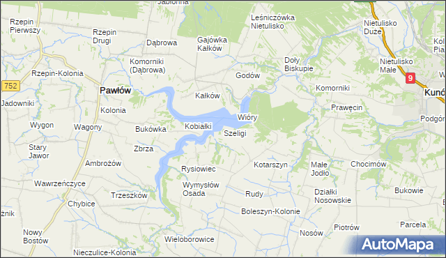 mapa Szeligi gmina Pawłów, Szeligi gmina Pawłów na mapie Targeo