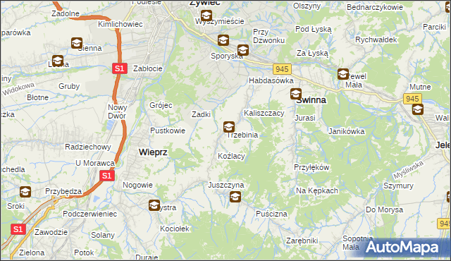 mapa Trzebinia gmina Świnna, Trzebinia gmina Świnna na mapie Targeo