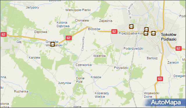 mapa Walerów gmina Sokołów Podlaski, Walerów gmina Sokołów Podlaski na mapie Targeo