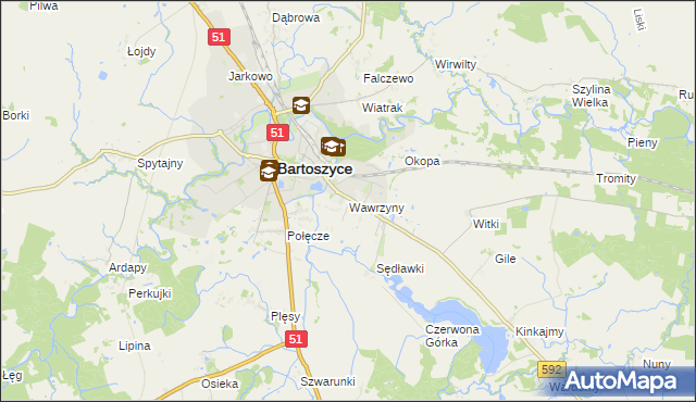 mapa Wawrzyny gmina Bartoszyce, Wawrzyny gmina Bartoszyce na mapie Targeo