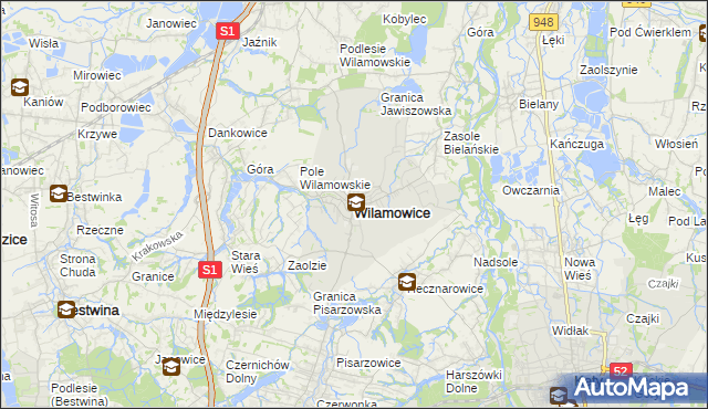mapa Wilamowice powiat bielski, Wilamowice powiat bielski na mapie Targeo
