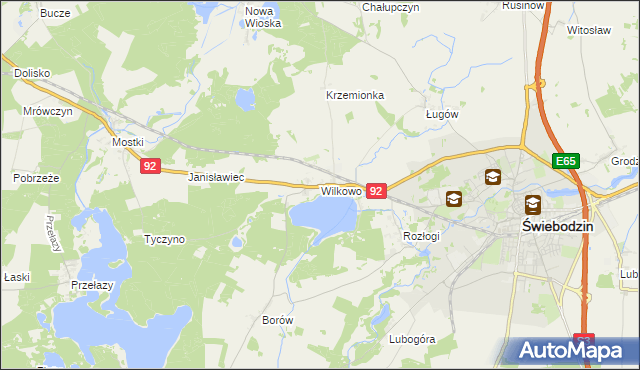 mapa Wilkowo gmina Świebodzin, Wilkowo gmina Świebodzin na mapie Targeo