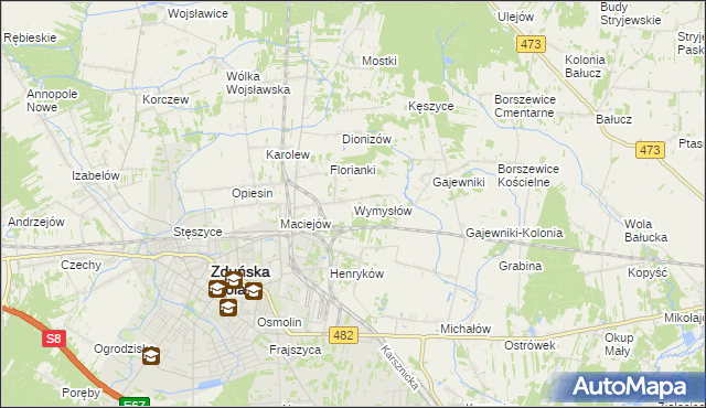 mapa Wymysłów gmina Zduńska Wola, Wymysłów gmina Zduńska Wola na mapie Targeo