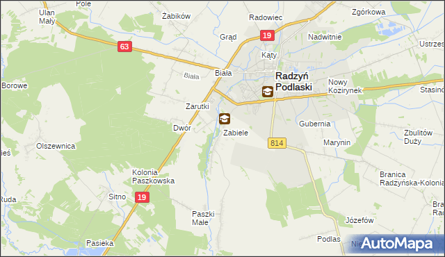 mapa Zabiele gmina Radzyń Podlaski, Zabiele gmina Radzyń Podlaski na mapie Targeo