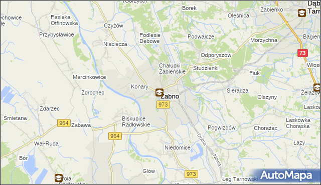 mapa Żabno powiat tarnowski, Żabno powiat tarnowski na mapie Targeo