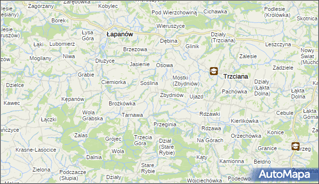 mapa Zbydniów gmina Łapanów, Zbydniów gmina Łapanów na mapie Targeo