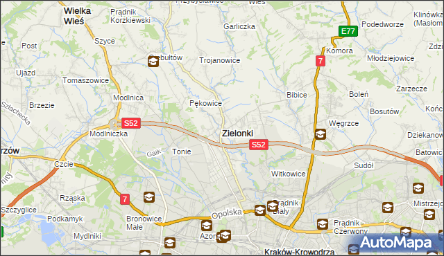 mapa Zielonki powiat krakowski, Zielonki powiat krakowski na mapie Targeo