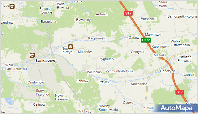 mapa Zygmunty gmina Łaskarzew, Zygmunty gmina Łaskarzew na mapie Targeo
