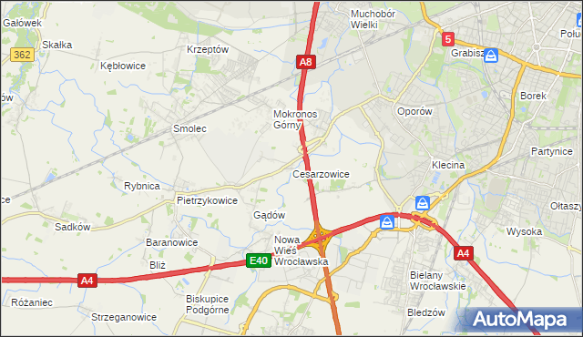 mapa Cesarzowice gmina Kąty Wrocławskie, Cesarzowice gmina Kąty Wrocławskie na mapie Targeo