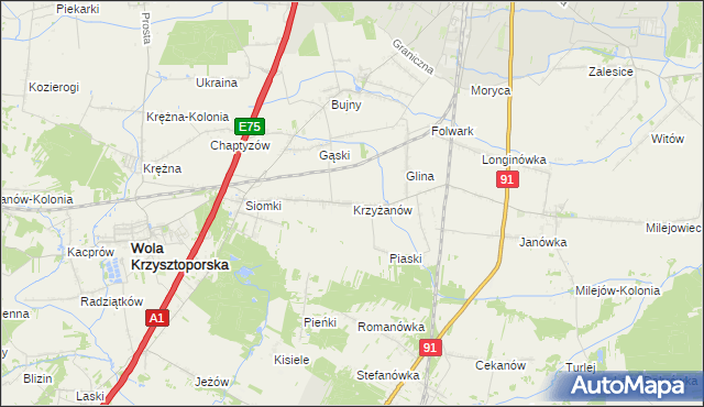 mapa Krzyżanów gmina Wola Krzysztoporska, Krzyżanów gmina Wola Krzysztoporska na mapie Targeo