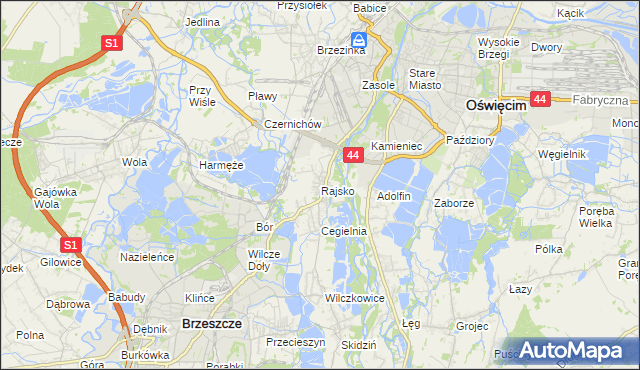 mapa Rajsko gmina Oświęcim, Rajsko gmina Oświęcim na mapie Targeo