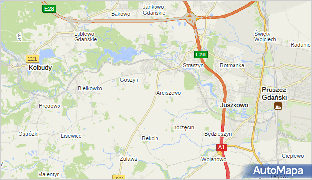 mapa Arciszewo gmina Pruszcz Gdański, Arciszewo gmina Pruszcz Gdański na mapie Targeo