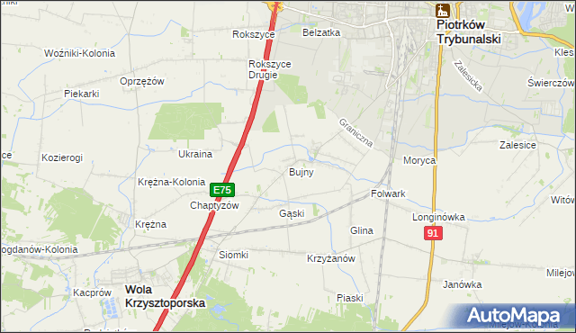 mapa Bujny gmina Wola Krzysztoporska, Bujny gmina Wola Krzysztoporska na mapie Targeo