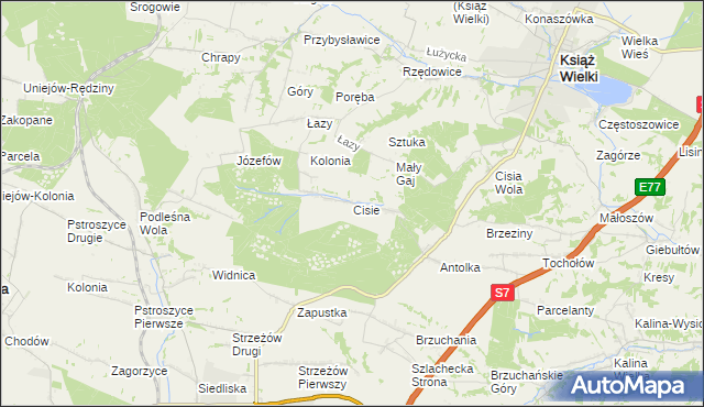 mapa Cisie gmina Książ Wielki, Cisie gmina Książ Wielki na mapie Targeo