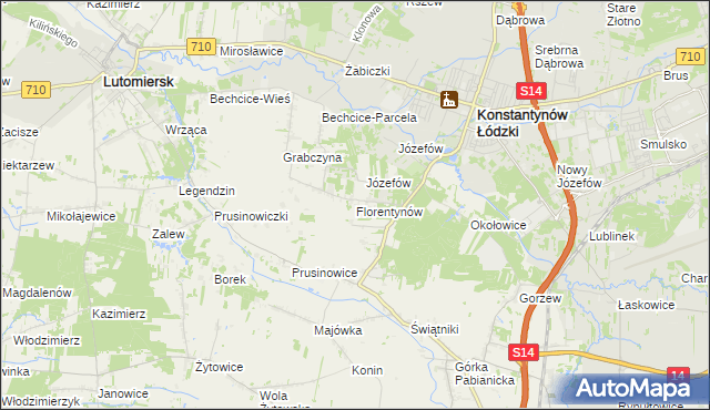 mapa Florentynów gmina Lutomiersk, Florentynów gmina Lutomiersk na mapie Targeo