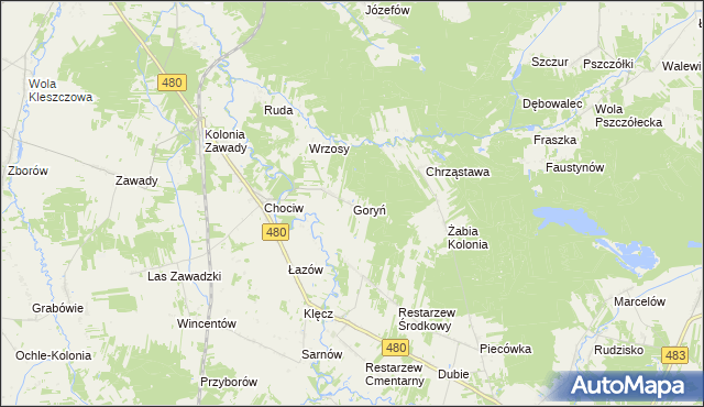 mapa Goryń gmina Widawa, Goryń gmina Widawa na mapie Targeo
