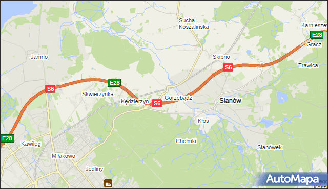 mapa Gorzebądz gmina Sianów, Gorzebądz gmina Sianów na mapie Targeo