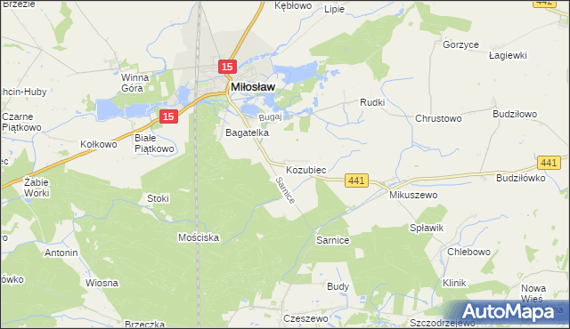 mapa Kozubiec gmina Miłosław, Kozubiec gmina Miłosław na mapie Targeo