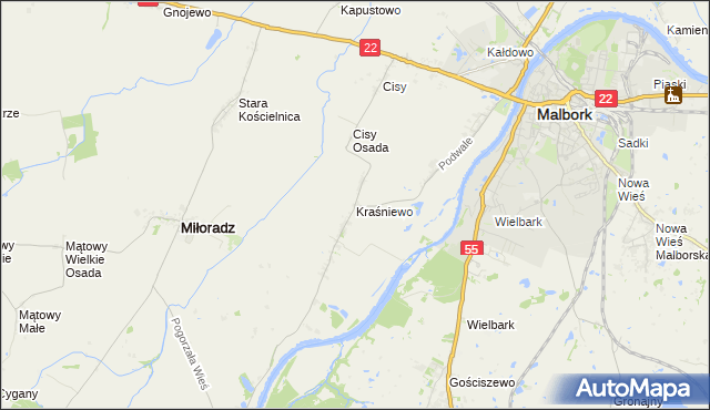 mapa Kraśniewo gmina Malbork, Kraśniewo gmina Malbork na mapie Targeo