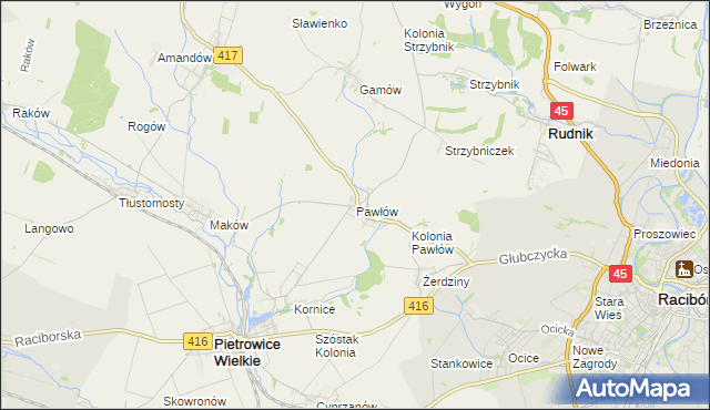 mapa Pawłów gmina Pietrowice Wielkie, Pawłów gmina Pietrowice Wielkie na mapie Targeo
