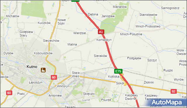 mapa Sieraków gmina Kutno, Sieraków gmina Kutno na mapie Targeo