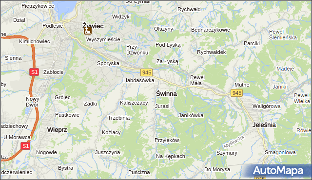 mapa Świnna powiat żywiecki, Świnna powiat żywiecki na mapie Targeo