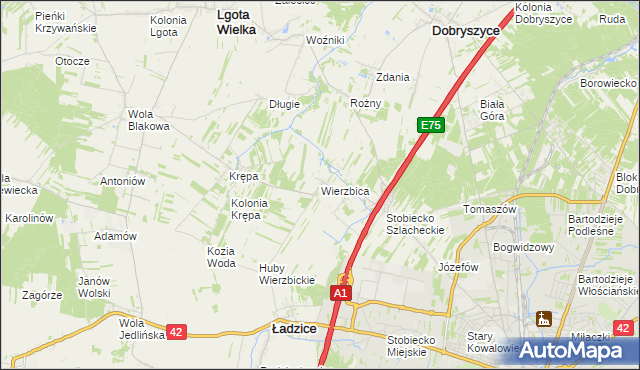 mapa Wierzbica gmina Ładzice, Wierzbica gmina Ładzice na mapie Targeo