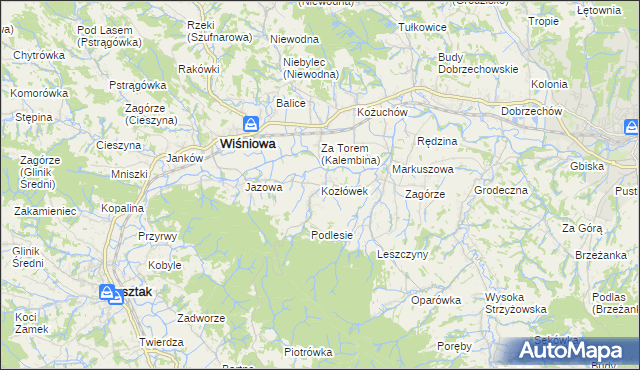 mapa Kozłówek gmina Wiśniowa, Kozłówek gmina Wiśniowa na mapie Targeo