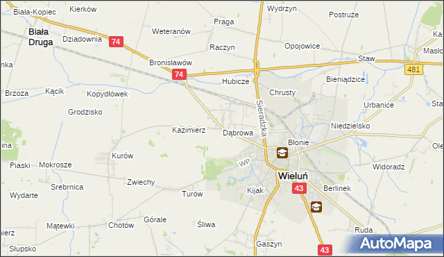 mapa Dąbrowa gmina Wieluń, Dąbrowa gmina Wieluń na mapie Targeo