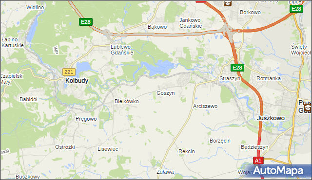 mapa Goszyn gmina Pruszcz Gdański, Goszyn gmina Pruszcz Gdański na mapie Targeo