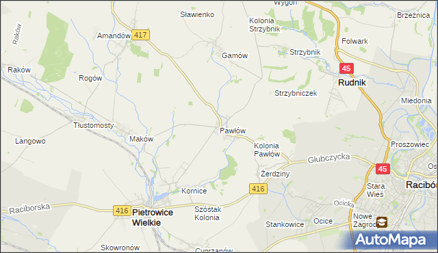 mapa Pawłów gmina Pietrowice Wielkie, Pawłów gmina Pietrowice Wielkie na mapie Targeo