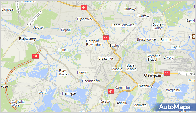 mapa Brzezinka gmina Oświęcim, Brzezinka gmina Oświęcim na mapie Targeo