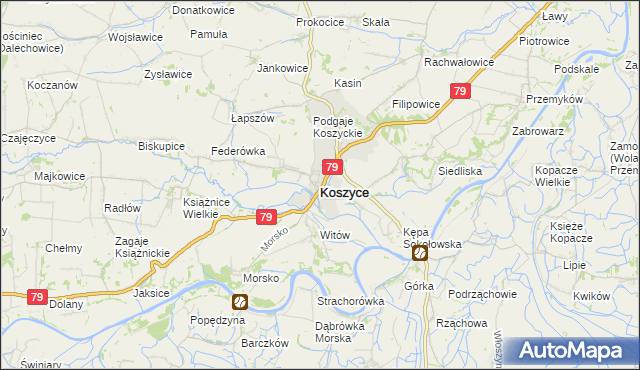 mapa Koszyce powiat proszowicki, Koszyce powiat proszowicki na mapie Targeo