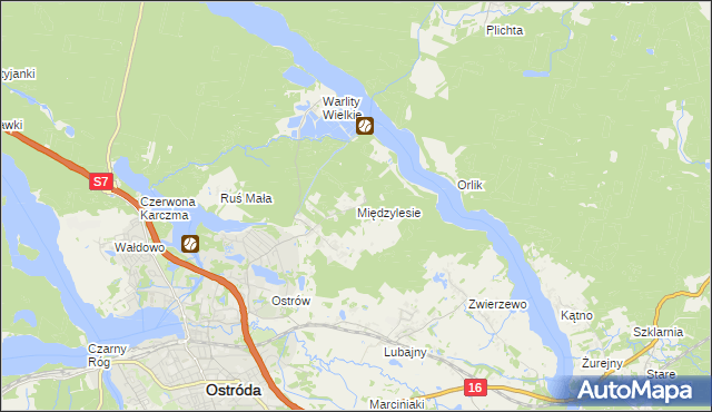mapa Międzylesie gmina Ostróda, Międzylesie gmina Ostróda na mapie Targeo