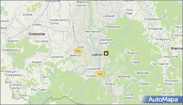 mapa Ustroń powiat cieszyński, Ustroń powiat cieszyński na mapie Targeo