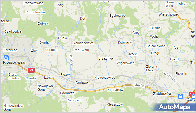 mapa Brzezinka gmina Zabierzów, Brzezinka gmina Zabierzów na mapie Targeo