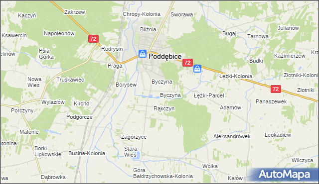 mapa Byczyna gmina Poddębice, Byczyna gmina Poddębice na mapie Targeo