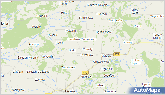 mapa Chrusty gmina Lisków, Chrusty gmina Lisków na mapie Targeo