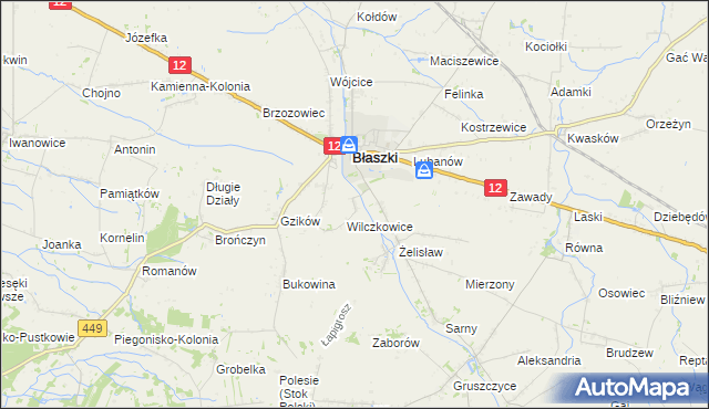 mapa Chrzanowice gmina Błaszki, Chrzanowice gmina Błaszki na mapie Targeo