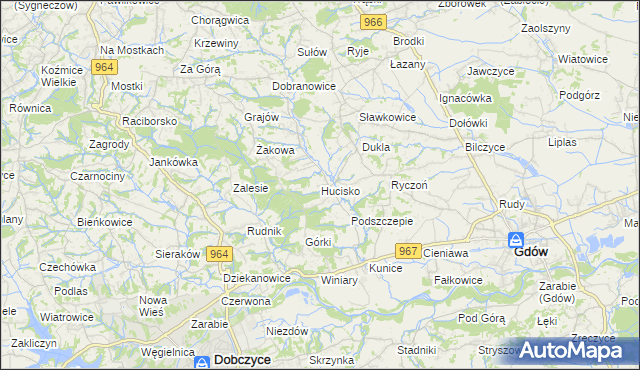mapa Hucisko gmina Gdów, Hucisko gmina Gdów na mapie Targeo