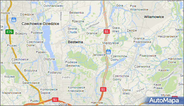 mapa Janowice gmina Bestwina, Janowice gmina Bestwina na mapie Targeo