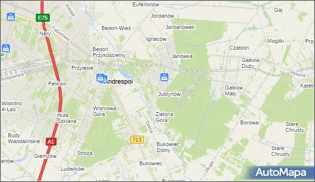 mapa Justynów gmina Andrespol, Justynów gmina Andrespol na mapie Targeo