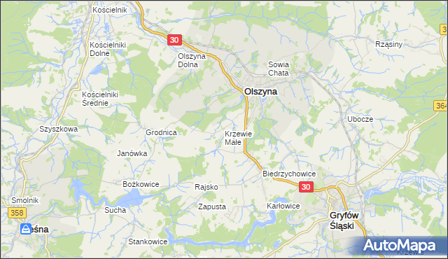 mapa Krzewie Małe, Krzewie Małe na mapie Targeo