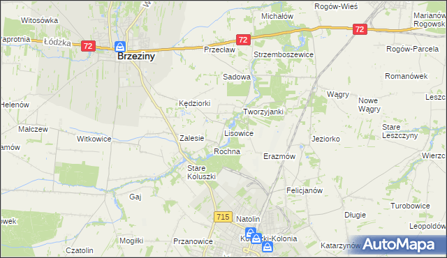 mapa Lisowice gmina Koluszki, Lisowice gmina Koluszki na mapie Targeo