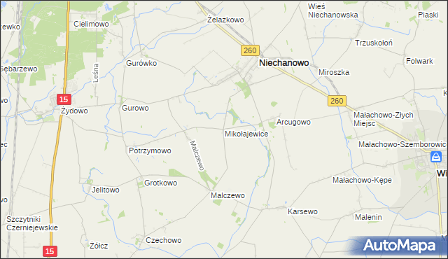 mapa Mikołajewice gmina Niechanowo, Mikołajewice gmina Niechanowo na mapie Targeo