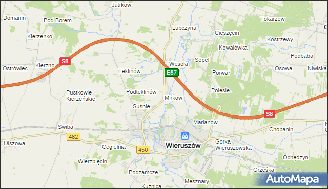 mapa Mirków gmina Wieruszów, Mirków gmina Wieruszów na mapie Targeo