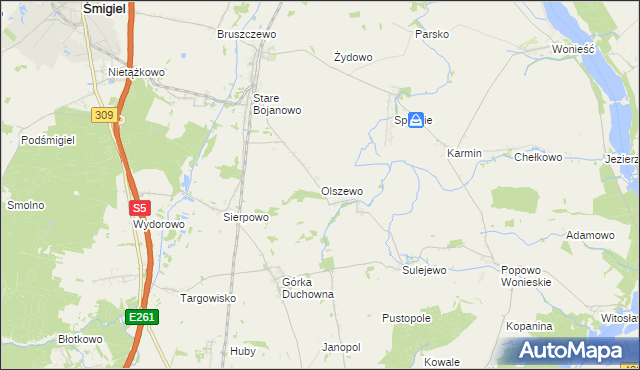 mapa Olszewo gmina Śmigiel, Olszewo gmina Śmigiel na mapie Targeo